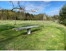 Eine hölzerne Bank steht auf einer Wiese, umgeben von Obstbäumen ohne Blätter und einer offenen Graslandschaft. Im Hintergrund sind dichte Bäume und ein blauer Himmel mit vereinzelten Wolken zu sehen.