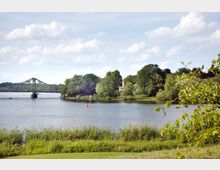Flusslandschaft mit einer grünen Wiese und Schilf im Vordergrund, einer Bauminsel mit einem kleinen, weißen, pavillonartigen Gebäude am Ufer sowie einer großen grünen Stahlbrücke im Hintergrund. Der Himmel ist leicht bewölkt.
