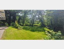 Weitläufiger Garten mit gepflegtem Rasen und großer Baumkulisse, umgeben von dichter Vegetation. Links ist eine gepflasterte Terrasse mit Holzmöbeln zu sehen, rechts befinden sich Büsche und Blumen.