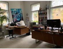 Ein Büro mit zwei Schreibtischen aus Holz, Computern und Büromaterialien. An der Wand hängt ein großes, buntes Gemälde, daneben ein Regal mit bunten Aktenordnern; durch die Fenster ist Laub im Freien sichtbar, Pflanzen und Schreibtischutensilien ergänzen die Einrichtung.