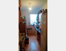 Eine schmale Küche mit Holzfußboden, auf der linken Seite ein kleiner Tisch mit Stuhl und Regale, auf der rechten Seite ein Kühlschrank und eine Küchenzeile mit Spüle. Am Ende der Küche befindet sich ein Fenster mit Blick auf Plattenbauten und mehrere Zimmerpflanzen auf der Fensterbank.