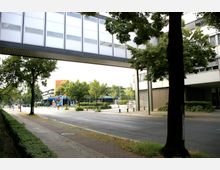 Eine städtische Straße mit einem Fußweg, flankiert von Bäumen und moderner Architektur. Über der Straße verläuft eine Glas-Fußgängerbrücke, umgeben von Bürogebäuden und Grünflächen im Hintergrund.