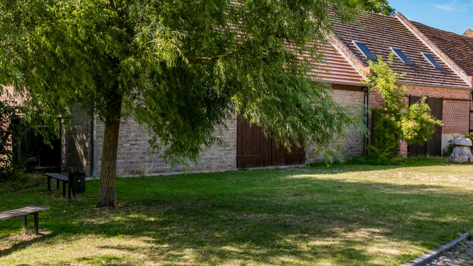Dorfplatz mit Rasenfläche, schattenspendendem Baum und einfachen Holzbänken. Im Hintergrund stehen langgestreckte Backstein- und Fachwerkgebäude mit geneigten Ziegeldächern, Dachfenstern und großen Holztoren; rechts verläuft ein Kopfsteinpflasterweg.