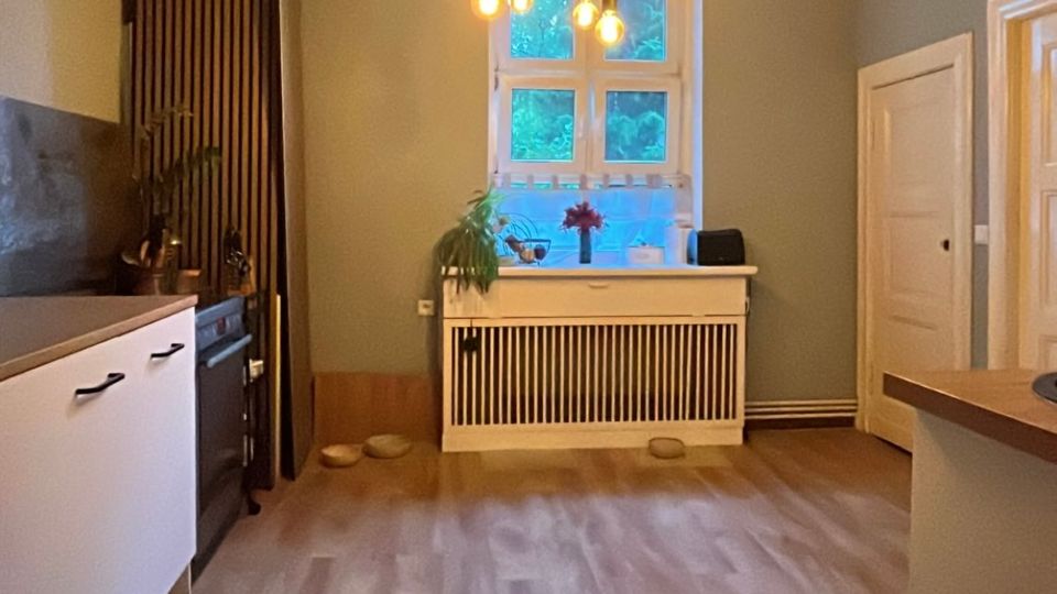 Geräumige Küche mit Holzboden, graugrünen Wänden und einem großen Fenster über einer Heizkörperverkleidung. An der Decke hängt eine rustikale Leuchte aus Treibholz mit mehreren Glühbirnen; links stehen weiße Unterschränke mit dunkler Arbeitsplatte und rechts eine Kücheninsel.
