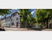 Straßenszene mit Kopfsteinpflaster, Fachwerkhaus und weiteren historischen Gebäuden, flankiert von hohen, dicht belaubten Bäumen. Im Hintergrund sind parkende Autos und Straßenschilder unter einem sonnigen, blauen Himmel zu sehen.