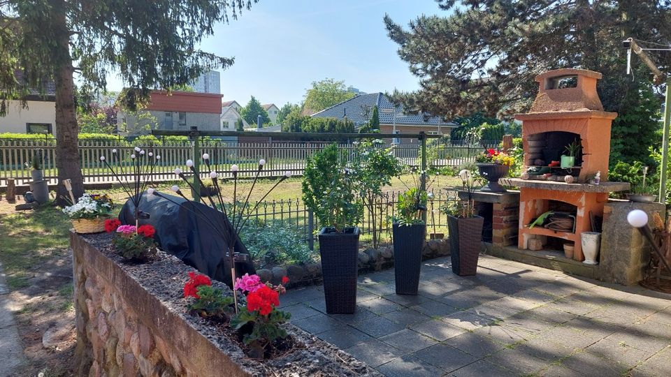 Gepflasterte Gartenterrasse mit gemauertem Außenkamin und Grill, mehreren hohen Pflanzkübeln und einem niedrigen Steinbeet mit Blumen. Im Hintergrund stehen Rasenfläche, Zaun, Bäume und Wohnhäuser unter blauem Himmel.