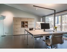 Modernes Büro mit Schreibtisch, Bürostuhl und Monitor vor einer großen Fensterfront, die Tageslicht hereinlässt und einen Blick auf vorm Haus befindliche Hecken bietet. Im Hintergrund steht ein heller Aktenschrank mit offenen und geschlossenen Fächern.