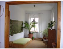 Ein einfach eingerichtetes Zimmer mit hellem Holzbett, grüner Bettwäsche, und einer großen Zimmerpflanze vor einem Fenster mit weißen Vorhängen. An der Wand hängt ein gemustertes Tuch, und im Raum stehen weitere Pflanzen sowie ein Holzschrank mit einer Blumenvase.