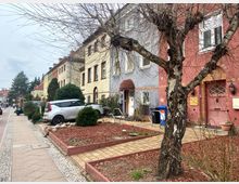 Reihenhäuser in einer Wohnstraße mit farbigen Fassaden (gelb, violett, rot), kleinen Vorgärten und einem Baum im Vordergrund. Auf der linken Seite befindet sich ein Gehweg mit Pflastersteinen, parkenden Autos und einigen Büschen.
