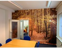 Besprechungsraum mit einem rechteckigen Holztisch und blauen Stühlen, einer Tapete mit Waldmotiv an der Wand und einem angrenzenden Raum mit Pflanzen sowie roten und gelben Stühlen im Hintergrund.