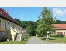 Historisches Gutshaus mit gelber Fassade, rotem Satteldach und außenliegender Treppe, umgeben von grünen Bäumen und Wiese. Eine gepflasterte Straße führt an einem weiteren Gebäude mit roten Toren vorbei in Richtung eines bewaldeten Bereichs.