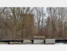 Blick auf ein dichtes Dickicht aus laublosen Bäumen und Sträuchern, dahinter ragen unscharf zwei hohe, rechteckige Hochhausgebäude auf. Im Vordergrund liegen gestapelte Beton- oder Steinplatten auf einer dunklen Abdeckung, wie an einem Lagerplatz oder einer Baustelle.
