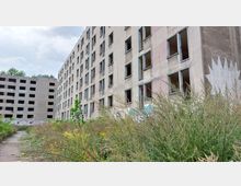 Mehrstöckige, verlassene Wohngebäude mit beschädigten Fenstern und verblasster Fassade, umgeben von überwuchertem Gestrüpp und einer Betonfläche. Graffiti sind an den Wänden zu sehen, und der Himmel ist bewölkt.