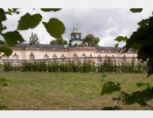 Historisches Gebäude mit sandfarbenen Fassaden, großen Fenstern und einem grünlichen Kupferdach mit einer zentralen Turmuhr, umgeben von gepflegten Hecken und Rasenflächen, eingefasst von überhängendem Baumlaub. Der Himmel ist bewölkt.