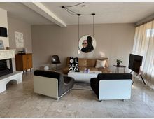 Wohnzimmer mit modernem Design: zentrale Ledercouch mit dekorativen Kissen, zwei schwarze Sessel mit weißen Akzenten, ein Couchtisch in Gitteroptik und ein Fernseher auf einem Ständer. Im Raum stehen ein Kamin mit Verzierungen, ein kleiner Holzschrank und ein Gemälde an der Wand; große Fenster mit lichtdurchlässigen Vorhängen sorgen für natürliches Licht.