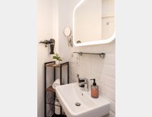 Kleines, modern eingerichtetes Badezimmer mit weiß gefliester Wand, einem rechteckigen Waschbecken mit Wasserhahn und Seifenspender, einem beleuchteten Spiegel und einem schmalen Regal mit Handtüchern und einer kleinen Pflanze. An der Wand sind ein Föhn und ein kleiner Kosmetikspiegel montiert.