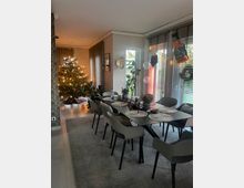 Ein modern eingerichtetes Esszimmer mit einem langen Esstisch, umgeben von mehreren Stühlen. Im Hintergrund steht ein geschmückter Weihnachtsbaum mit Lichtern, rechts sind große Fenster mit Lamellenjalousien und Blick auf einen Garten.