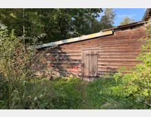 Holzschuppen mit verwitterter Holztür, umgeben von dichter Vegetation und roten Beerensträuchern; im Hintergrund sind Bäume und ein klarer Himmel sichtbar.