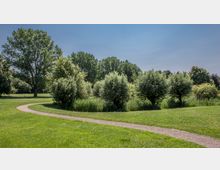 Parklandschaft mit einer geschwungenen Kiesweg, umgeben von einer großen Rasenfläche und Reihen von Bäumen und Büschen im Hintergrund; klarer Himmel darüber.