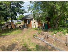 Kleiner Garten mit einfacher Holzhütte, umgeben von Bäumen und Sträuchern. Im Vordergrund sind Teilbereiche des Gartens mit geschnittenen Baumstrünken und einer gemulchten Fläche zu sehen, während links Holzbretter und eine Bank im Außenbereich stehen.