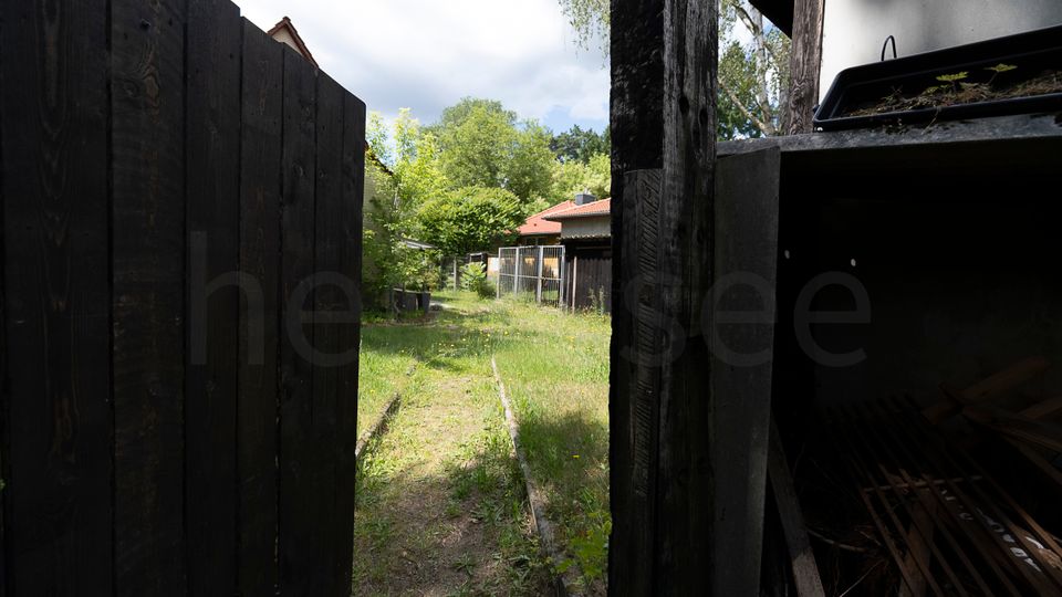 Blick durch ein geöffnetes, dunkel gestrichenes Holztor auf einen schmalen, grasbewachsenen Gartenweg mit niedrigen Schienen im Boden. Im Hintergrund stehen Bäume, Zäune und ein kleines Gebäude mit rotem Dach.