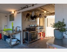 Eine einfache Außenküche mit Betonwänden, Edelstahlarbeitsflächen und einem Gasherd mit Backofen. Über der Küche hängen Kochutensilien, und seitlich ist eine Pflanze in einem grauen Topf sichtbar.