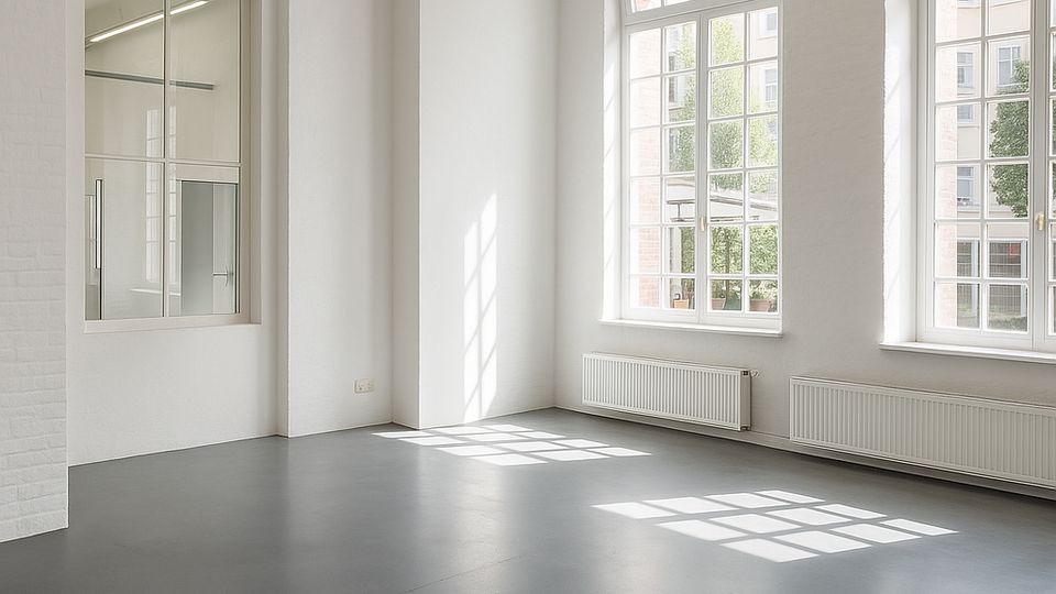 Heller, leerer Innenraum mit weißen Wänden, glattem grauen Boden und hohen, bogenförmigen Sprossenfenstern, durch die viel Tageslicht einfällt. An den Wänden befinden sich Heizkörper sowie ein verglastes Innenfenster zu einem Nebenraum.