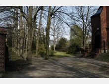 Außenbereich mit einer Reihe kahler Bäume, einem schattigen Weg und einem Rasenstück im Hintergrund. Rechts befindet sich ein Backsteingebäude mit einer Treppe und einem Eingang.