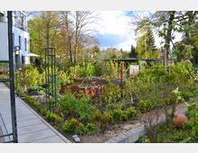 Ein Gemeinschaftsgarten mit Hochbeeten, jungen Pflanzen und Rankgerüsten, umgeben von Bäumen und Büschen. Im Hintergrund sind ein moderner Gebäudeteil und kleinere Gartenhäuschen zu sehen.