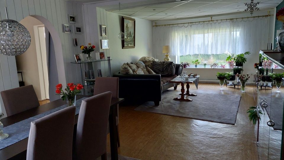 Wohn- und Essbereich mit Esstisch und gepolsterten Stühlen im Vordergrund, dahinter Sofa und Couchtisch auf einem großen Teppich. Ein breites Fenster mit transparenten Vorhängen und vielen Zimmerpflanzen sorgt für Tageslicht; rechts stehen Glasvitrinen und Dekoration, links führt ein Rundbogen in den Flur.