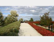 Ein moderner Gehweg mit bepflanzten Rändern, bestehend aus grünem Buschwerk auf der linken und roten Blättern auf der rechten Seite, führt durch eine Landschaft mit vereinzelten Bäumen; im Hintergrund ist eine Metallstruktur sichtbar. Der Himmel ist bewölkt mit vereinzeltem Sonnenschein.