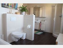 Modernes Badezimmer mit hellen Fliesen an den Wänden und dunklen Fliesen auf dem Boden. Zu sehen sind eine Wandtoilette, ein Waschbecken mit Spiegel- und Unterschränken, eine Duschkabine und Dekorationen wie ein bunter Teppich, Grünpflanzen und ein Bild an der Wand.