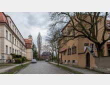 Gepflasterte Straße in einem Wohnviertel mit historischen Gebäuden, darunter ein cremefarbenes Gebäude mit rotem Dach und ein gelbes Haus mit Rundbogenfenstern. Karge Bäume säumen die Straße, im Hintergrund sind weitere Gebäude und parkende Autos zu sehen.