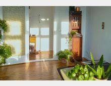 Wohnraum mit Holzboden, hellem Tageslicht und Pflanzen. Im Vordergrund sind grüne Pflanzen auf einem Tisch, im Hintergrund steht ein hölzernes Schränkchen, daneben ein kleiner gelber Beistelltisch mit Schuhen darunter.