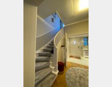 Treppenhaus in einem Wohnbereich mit einer geschwungenen Treppe, die mit hellgrauem Teppich ausgelegt ist. Im Hintergrund ist ein Eingang mit weißer Tür und Glaseinsatz zu sehen, während der Boden aus Parkett und ein runder, grauer Teppich erkennbar sind.