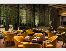 Elegantes Restaurant mit gepolsterten gelben und grünen Sitzmöbeln, dunklen Holztischen und großen bodentiefen Fenstern, die von hängendem Grün umgeben sind. Warme Innenbeleuchtung und Tischdekorationen mit Gläsern und Servietten schaffen eine einladende Atmosphäre.