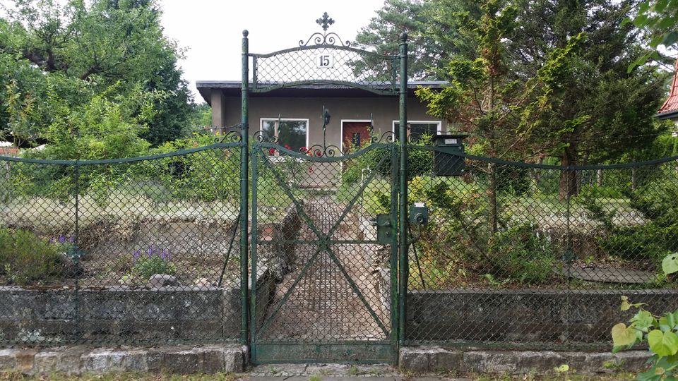 Grünes Metall-Gartentor mit Maschendraht und Hausnummer „15“ in einem Zaun, dahinter ein schmaler Weg durch einen dicht bewachsenen Vorgarten zu einem kleinen, eingeschossigen Haus. Umgeben von Bäumen und Sträuchern, mit Briefkasten am Zaun und niedriger Steinmauer entlang der Grundstücksgrenze.