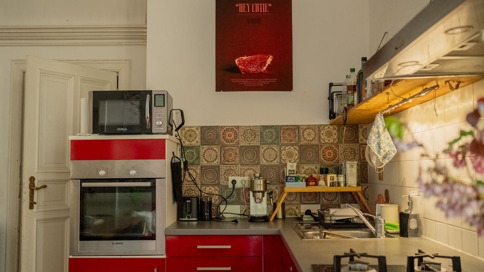 Compact kitchen with red lower cabinets, a built-in oven and microwave, and a long countertop with a sink and gas stovetop. Patterned tile backsplash, open shelves with bottles and utensils, and a poster on the wall above the counter.