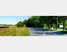 Eine Landstraße führt an einer Weide mit einem kleinen Holzunterstand auf der linken Seite entlang, während auf der rechten Seite dichte Bäume Schatten auf die Straße werfen. Im Hintergrund sind Verkehrsschilder und ein Schild mit der Aufschrift „POSTLOW“ sichtbar.