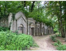 Reihe historischer Grabmäler mit verzierten Fassaden, eingebettet in eine grüne Waldlandschaft; der Weg zwischen den Bäumen führt entlang der Grabstätten.