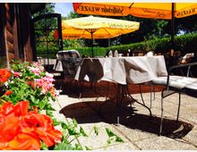 Terrasse eines Restaurants mit gepolsterten Metallstühlen und grau gedeckten Tischen. Gelbe Sonnenschirme mit Werbeaufdruck spenden Schatten, und im Vordergrund sind bunte Blumen zu sehen, die entlang einer Beeteinfassung wachsen.