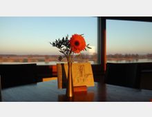 Ein Holztisch mit einer Vase, die eine orangefarbene Blume und grüne Zweige enthält, steht vor einem großen Fenster mit Blick auf eine Flusslandschaft bei Sonnenuntergang. Im Hintergrund sind flache Ufer und Bäume sichtbar.