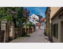 Schmale gepflasterte Gasse in einem historischen Viertel mit niedrigen, hellen Gebäuden und roten Ziegeldächern. Links ein Zaun aus Ziegelpfeilern und Holzlatten, darüber blühender Flieder; rechts traditionelle Straßenlaternen und Fensterläden.