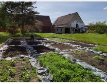Ein ländlicher Gemüsegarten mit Beeten, die mit schwarzer Folie abgedeckt sind, umrahmt von Grünflächen. Im Hintergrund stehen zwei alte Gebäude mit roten und grauen Dächern, umgeben von Bäumen.