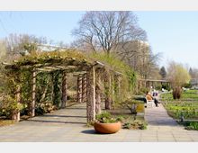 Ein Park mit einer mit Pflanzen bewachsenen Pergola aus Holz und Stein, daneben ein gepflasterter Weg mit Bänken, auf denen Menschen sitzen. Im Hintergrund kahle Bäume, Büsche, Beete und ein Gebäude, das zwischen den Bäumen sichtbar ist.