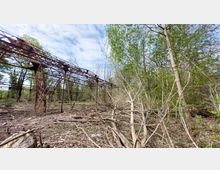 Verlassene Industriekonstruktion aus rostigem Metall in einer überwucherten Waldlandschaft, umgeben von dichtem Grün, kahlen Ästen und umgestürzten Bäumen unter einem teils bewölkten Himmel.