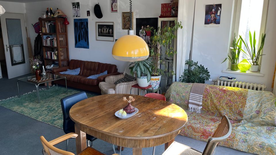 Cozy open-plan living and dining room with a round wooden table under a large yellow pendant lamp, surrounded by mismatched chairs. The space includes sofas, a rug and coffee table, a tall bookcase, framed wall art, and several potted plants by a sunlit window.