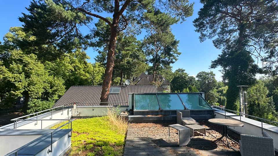 Dachterrasse mit begrüntem Flachdach, Holzsteg und Sitzbereich aus Tisch und Stühlen neben einer niedrigen Glasaufbauten. Im Hintergrund ragen hohe Kiefern über ein Wohnhausdach, umgeben von dichtem Grün unter blauem Himmel.