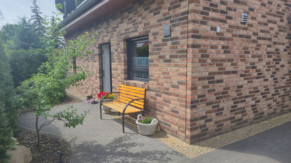 Eingangsbereich eines eingeschossigen Backsteinhauses mit gepflastertem Weg, einer Tür und einem Fenster. Neben der Hauswand stehen eine Holzbank sowie mehrere Pflanzkübel, umgeben von Sträuchern und Bäumen.