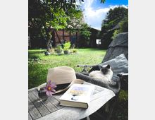 Ein idyllischer Garten mit einer Wiese und einem Fachwerkhaus im Hintergrund. Im Vordergrund stehen ein Holztisch mit Strohhut, Vase mit Blume und Buch sowie ein Liegestuhl, auf dem eine Katze liegt.